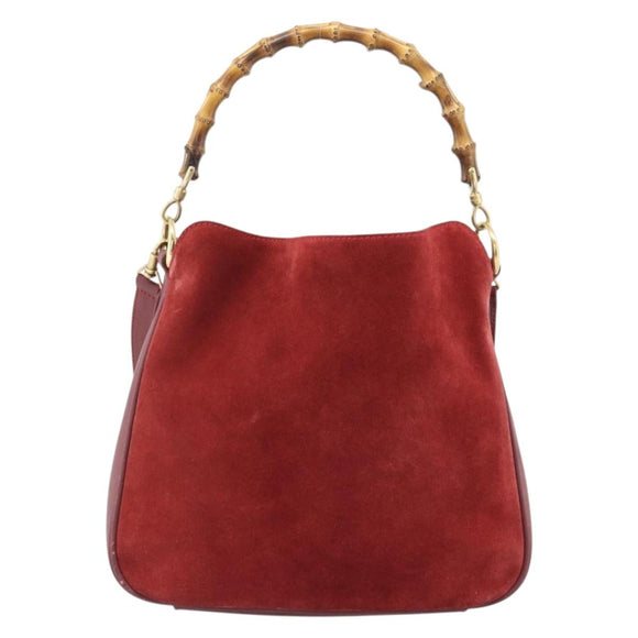 GUCCI Bamboo Hand Bag Suede 2way Red Gold Auth BA13410