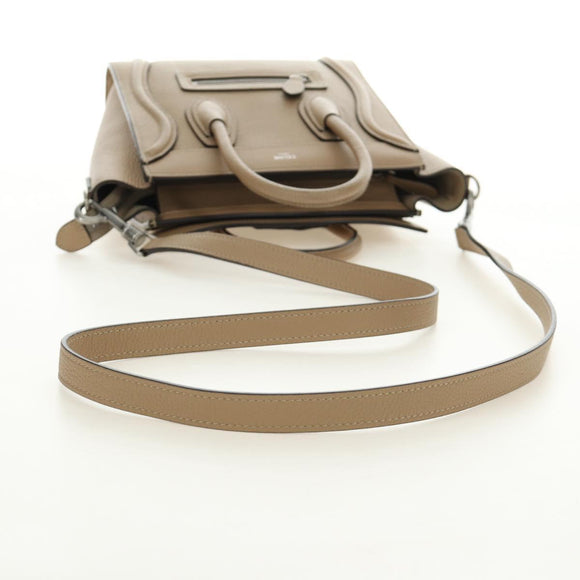 CELINE Luggage Nano Shopper Hand Bag Leather 2way Beige Silver Auth BA13413V