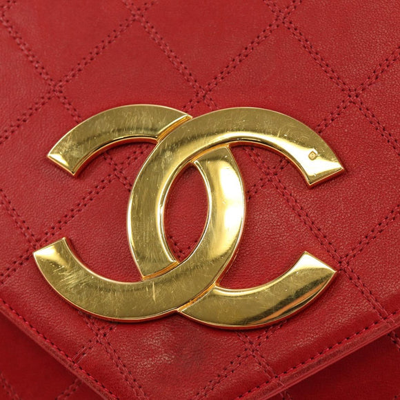 CHANEL Bicolore Chain Shoulder Bag Lamb Skin Red Gold CC Auth BA13416V