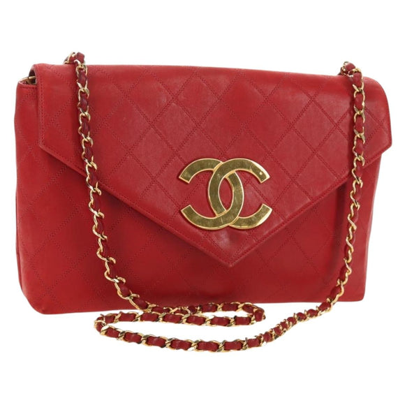 CHANEL Bicolore Chain Shoulder Bag Lamb Skin Red Gold CC Auth BA13416V