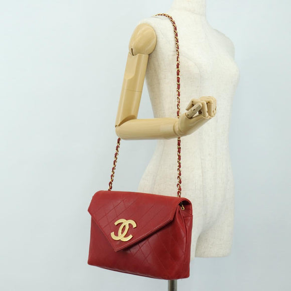 CHANEL Bicolore Chain Shoulder Bag Lamb Skin Red Gold CC Auth BA13416V