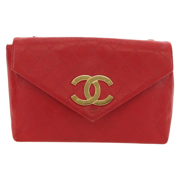 CHANEL Bicolore Chain Shoulder Bag Lamb Skin Red Gold CC Auth BA13416V