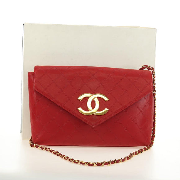 CHANEL Bicolore Chain Shoulder Bag Lamb Skin Red Gold CC Auth BA13416V