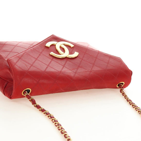 CHANEL Bicolore Chain Shoulder Bag Lamb Skin Red Gold CC Auth BA13416V