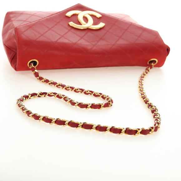 CHANEL Bicolore Chain Shoulder Bag Lamb Skin Red Gold CC Auth BA13416V