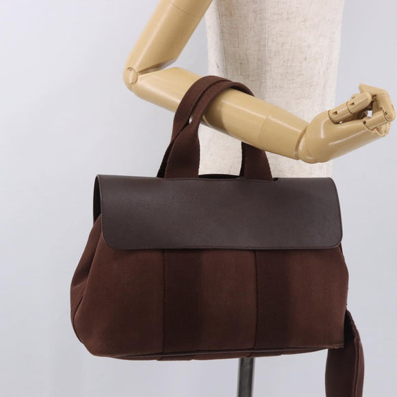 HERMES Valparaiso PM Hand Bag Canvas Leather Brown Silver Auth BA13422