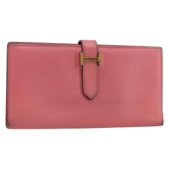 HERMES Bearn Soufflet Wallet Leather Pink Auth BA13430