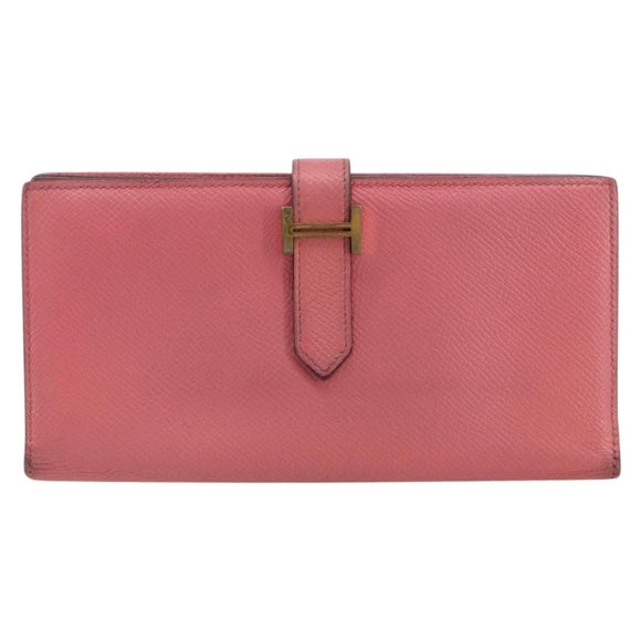 HERMES Bearn Soufflet Wallet Leather Pink Auth BA13430