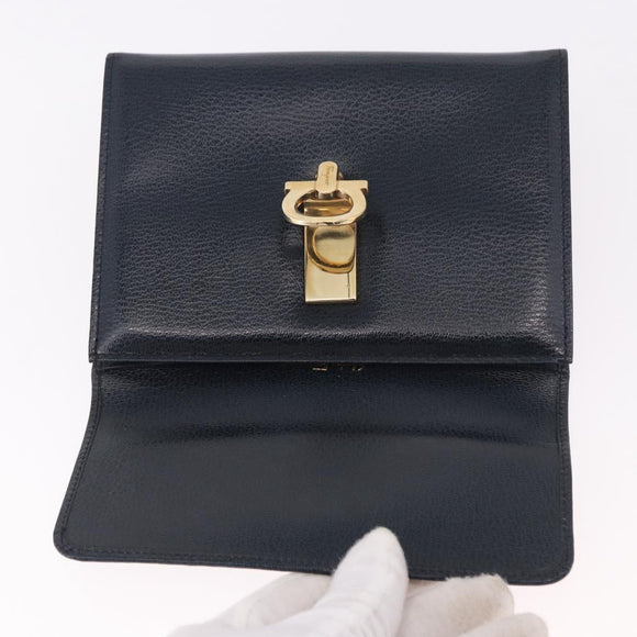 Salvatore Ferragamo Gancini Pouch Leather Navy Gold Auth BA13433A