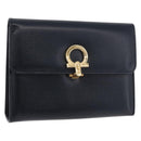 Salvatore Ferragamo Gancini Pouch Leather Navy Gold Auth BA13433A-1