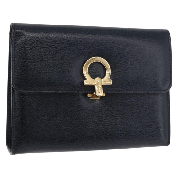 Salvatore Ferragamo Gancini Pouch Leather Navy Gold Auth BA13433A