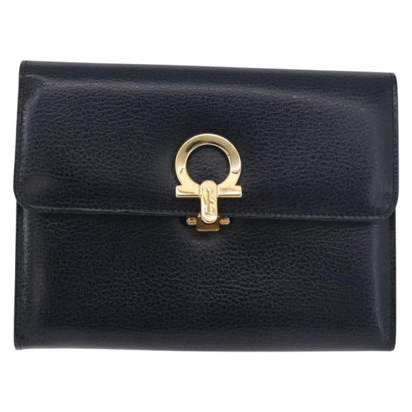 Salvatore Ferragamo Gancini Pouch Leather Navy Gold Auth BA13433A