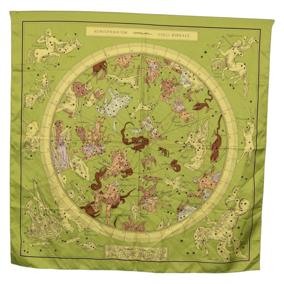 HERMES Carre 90 Scarf ""HEMISPHARIUM COELI BOREALE"" Silk Green Auth BA13445