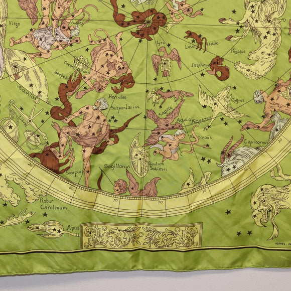 HERMES Carre 90 Scarf ""HEMISPHARIUM COELI BOREALE"" Silk Green Auth BA13445