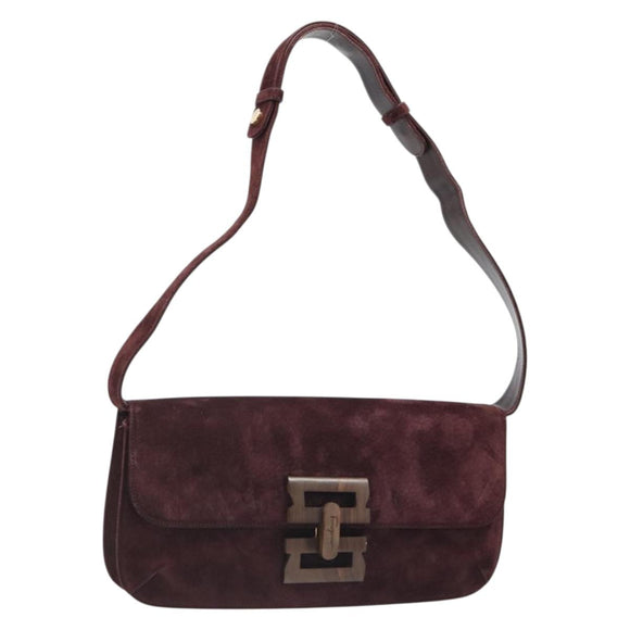 Salvatore Ferragamo Shoulder Bag Suede Bordeaux Gold Auth BA13454A