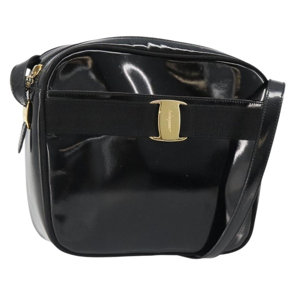 Salvatore Ferragamo Shoulder Bag Patent Leather Black Gold Auth BA13465