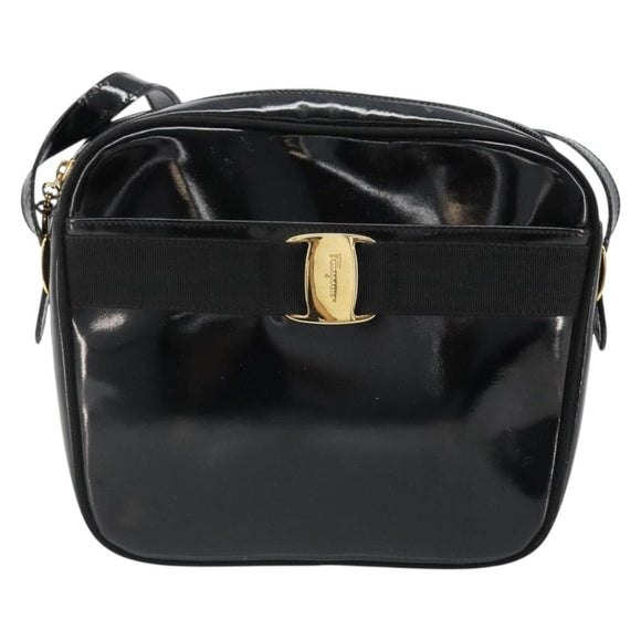 Salvatore Ferragamo Shoulder Bag Patent Leather Black Gold Auth BA13465