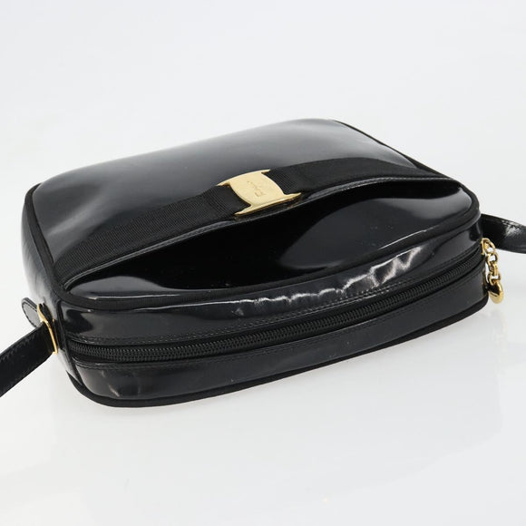 Salvatore Ferragamo Shoulder Bag Patent Leather Black Gold Auth BA13465