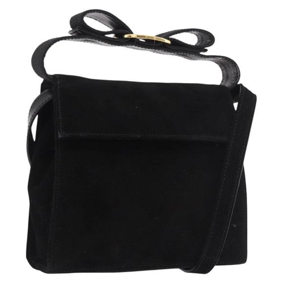 Salvatore Ferragamo Vara Ribbon Hand Bag Suede 2way Black Gold Auth BA13469