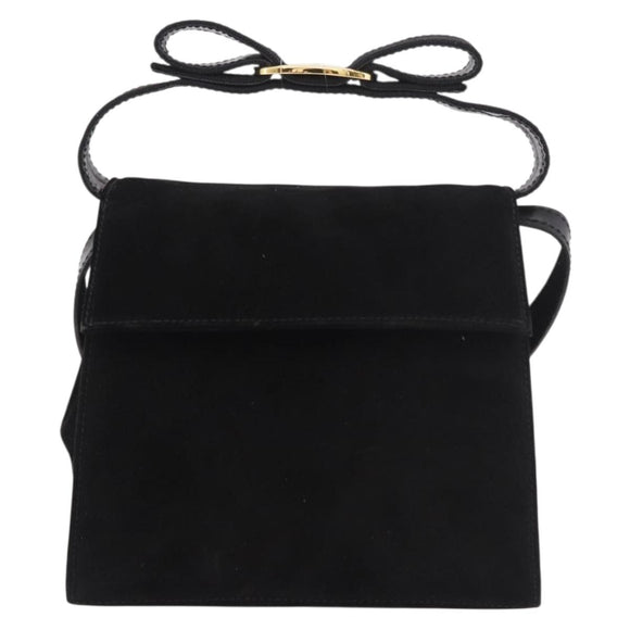 Salvatore Ferragamo Vara Ribbon Hand Bag Suede 2way Black Gold Auth BA13469