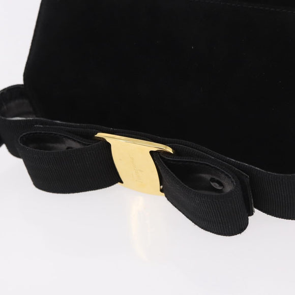 Salvatore Ferragamo Vara Ribbon Hand Bag Suede 2way Black Gold Auth BA13469