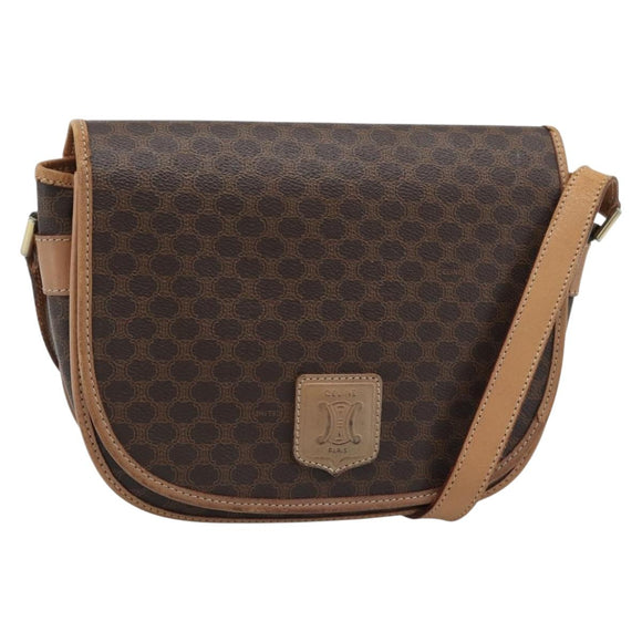 CELINE Macadam Canvas Schoudertas PVC Leer Bruin Goud Auth BA13476
