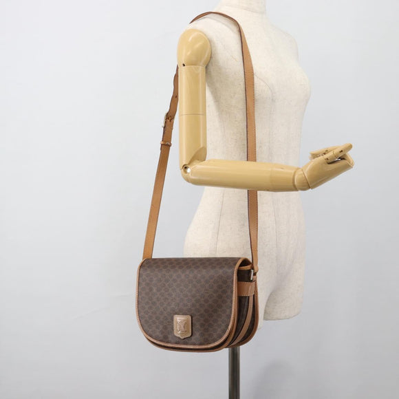 CELINE Macadam Canvas Schoudertas PVC Leer Bruin Goud Auth BA13476