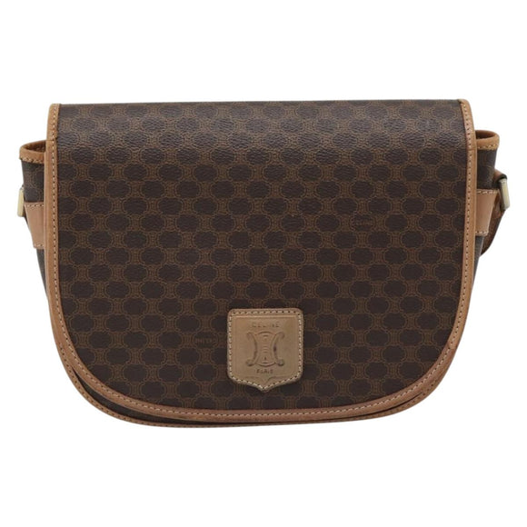 CELINE Macadam Canvas Schoudertas PVC Leer Bruin Goud Auth BA13476