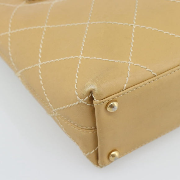 CHANEL Wild Stitch Hand Bag Leather Beige Gold CC Auth BA13478A