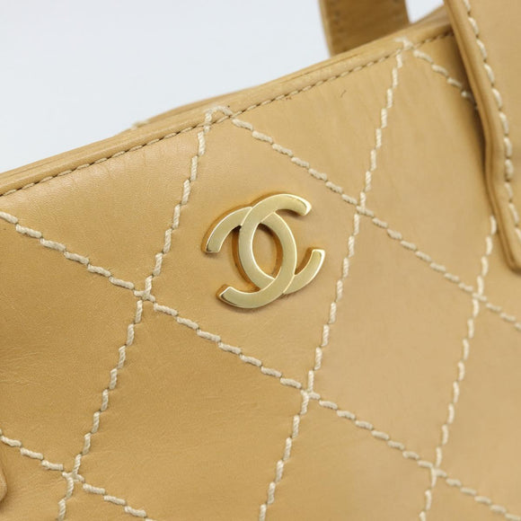 CHANEL Wild Stitch Hand Bag Leather Beige Gold CC Auth BA13478A