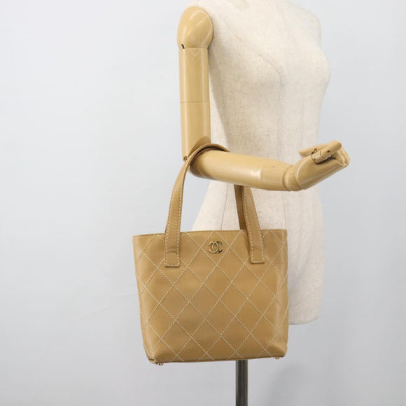 CHANEL Wild Stitch Hand Bag Leather Beige Gold CC Auth BA13478A