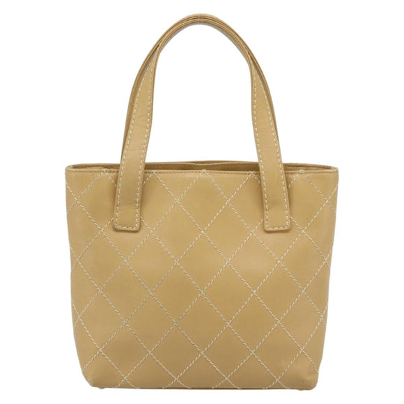 CHANEL Wild Stitch Hand Bag Leather Beige Gold CC Auth BA13478A