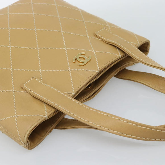CHANEL Wild Stitch Hand Bag Leather Beige Gold CC Auth BA13478A