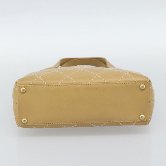 CHANEL Wild Stitch Hand Bag Leather Beige Gold CC Auth BA13478A