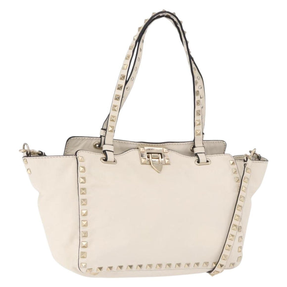 VALENTINO Studs Tote Bag Leather 2way White Gold Auth BA13505