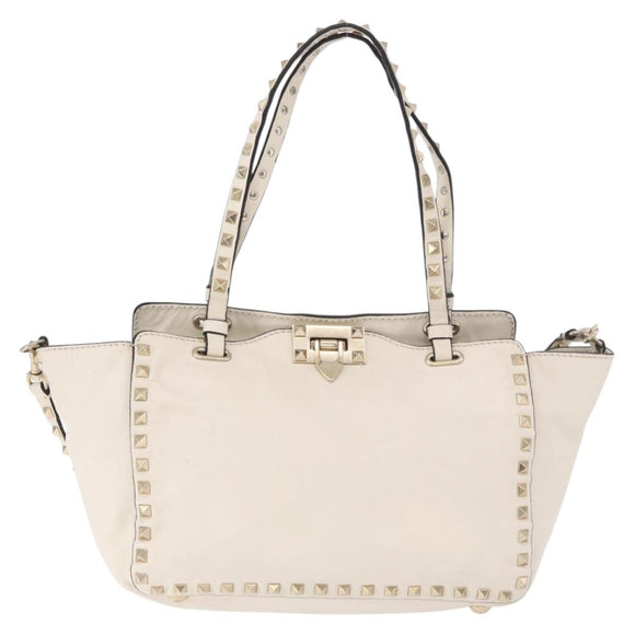 VALENTINO Studs Tote Bag Leather 2way White Gold Auth BA13505