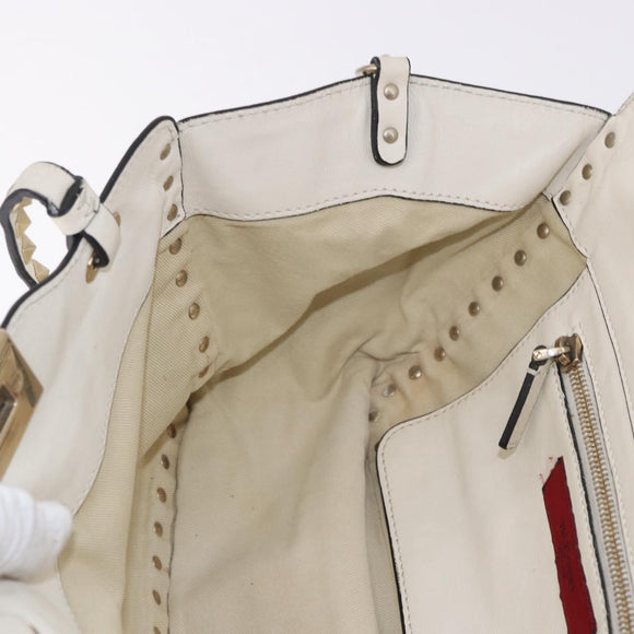 VALENTINO Studs Tote Bag Leather 2way White Gold Auth BA13505