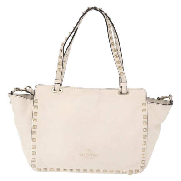 VALENTINO Studs Tote Bag Leather 2way White Gold Auth BA13505