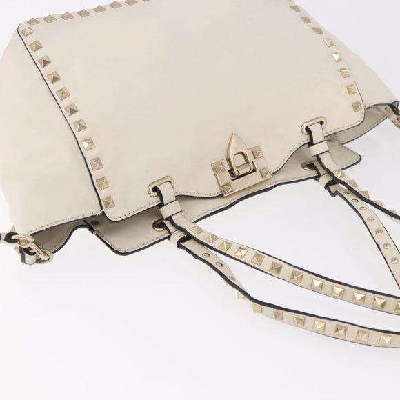 VALENTINO Studs Tote Bag Leather 2way White Gold Auth BA13505