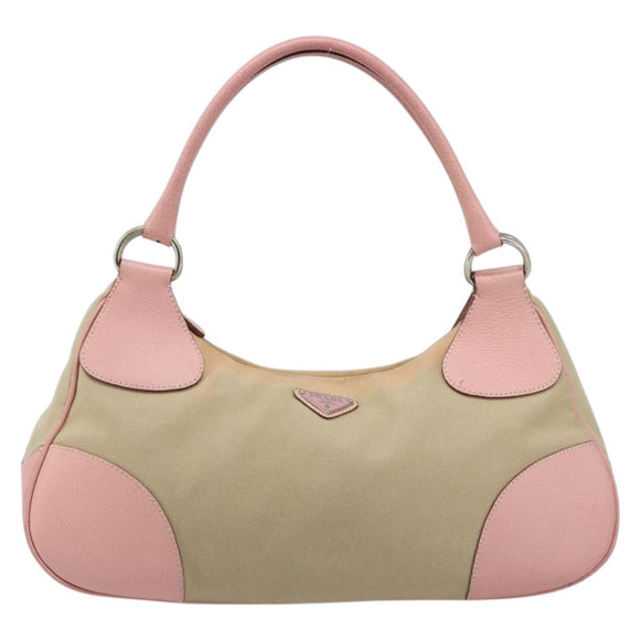 PRADA Hand Bag Canvas Beige Silver Auth BA13510A