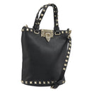 VALENTINO Studs Hand Bag Leather 2way Black Gold Auth BA13515V-1