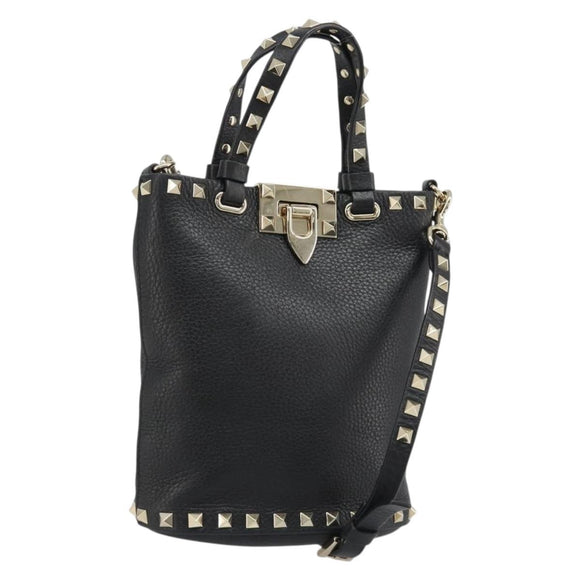 VALENTINO Studs Hand Bag Leather 2way Black Gold Auth BA13515V