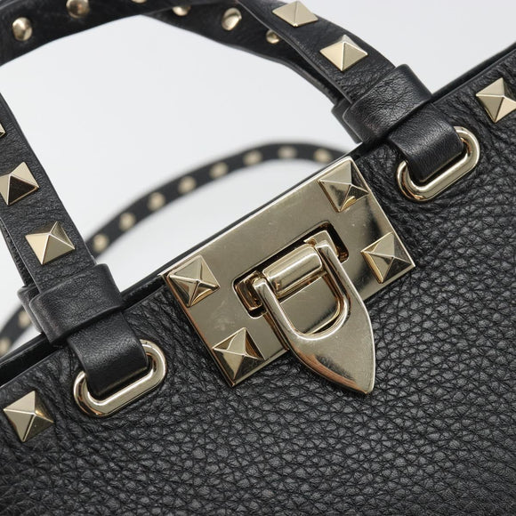 VALENTINO Studs Hand Bag Leather 2way Black Gold Auth BA13515V