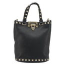 VALENTINO Studs Hand Bag Leather 2way Black Gold Auth BA13515V-13