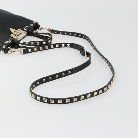 VALENTINO Studs Hand Bag Leather 2way Black Gold Auth BA13515V