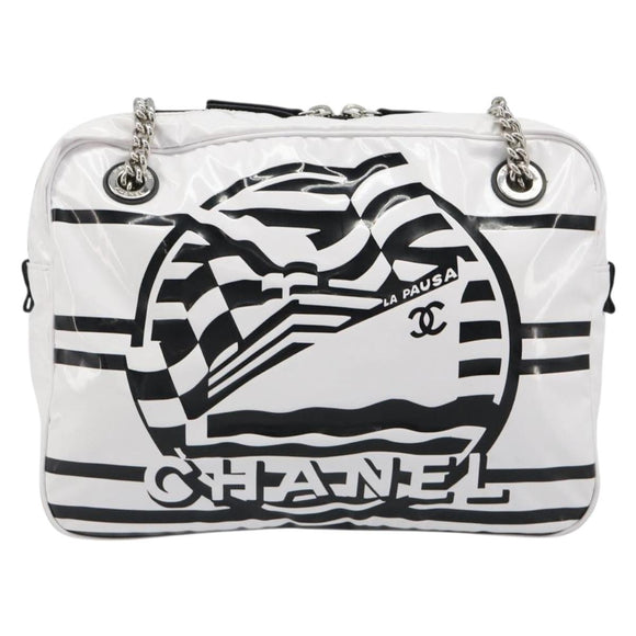 CHANEL La Pausa Chain Bag Patent leather White Silver CC Auth BA13516SAM