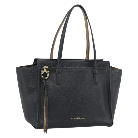 Salvatore Ferragamo Gancini Tote Bag Leather Black Gold Auth BA13523A