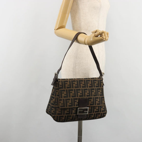 FENDI Zucca Canvas Mamma Baguette Schoudertas Zwart Bruin Auth BA13529V