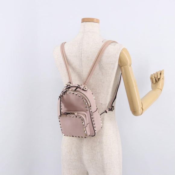 VALENTINO Studs Backpack Leather Pink Gold Auth BA13535