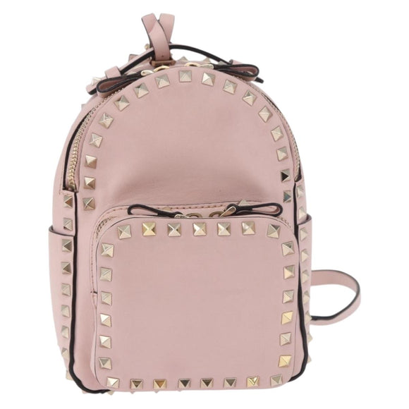 VALENTINO Studs Backpack Leather Pink Gold Auth BA13535